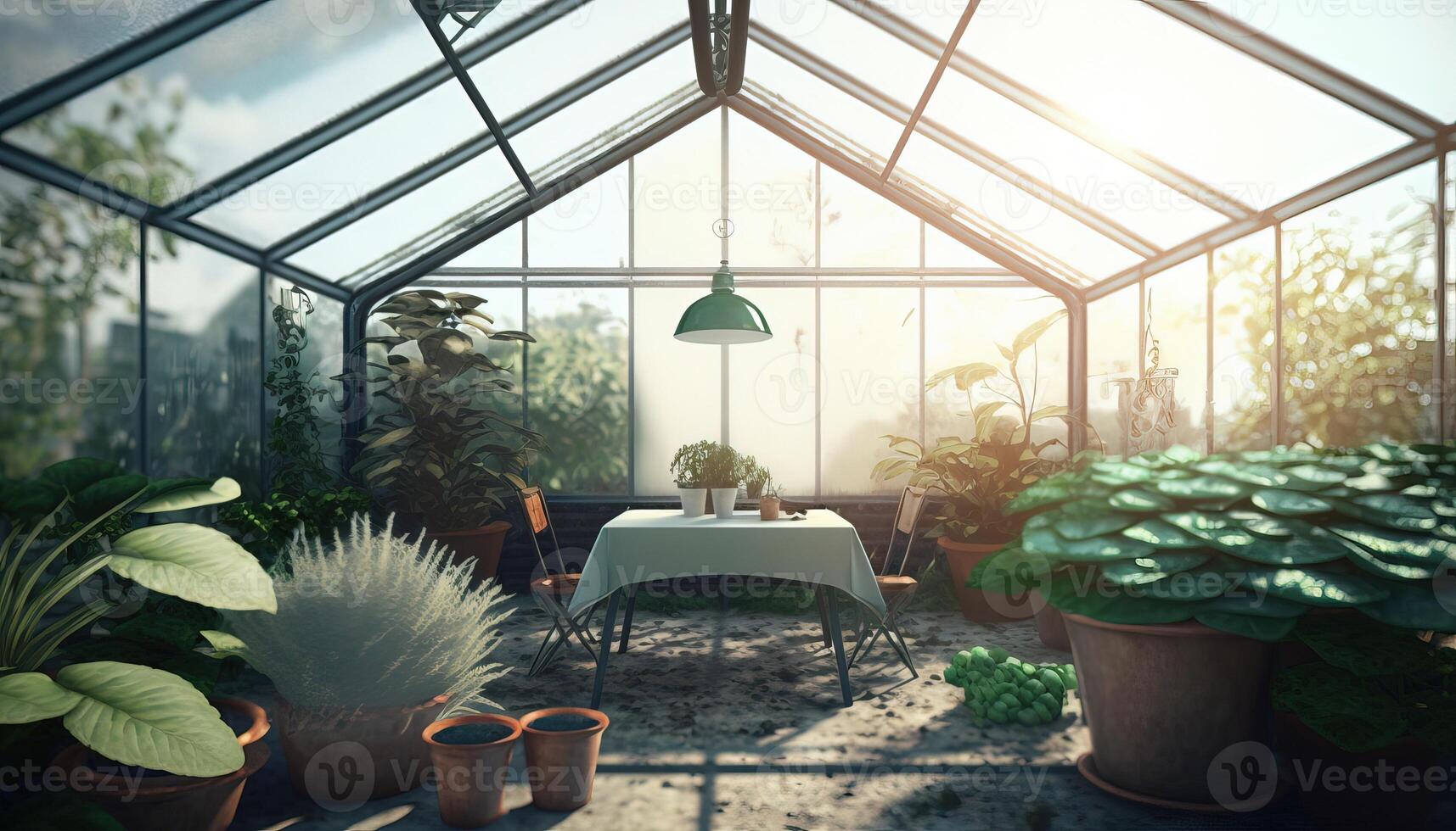 , Green house from the glass, tent-glass garden with a lot of plants. Photorealistic effect. photo