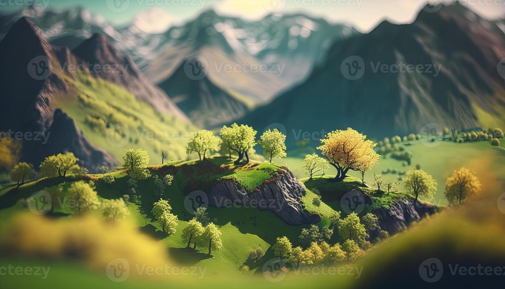 , Mountains spring green landscape, houses, trees, road, beautiful countryside. Nature Illustration, photorealistic tilt shift horizontal banner. photo