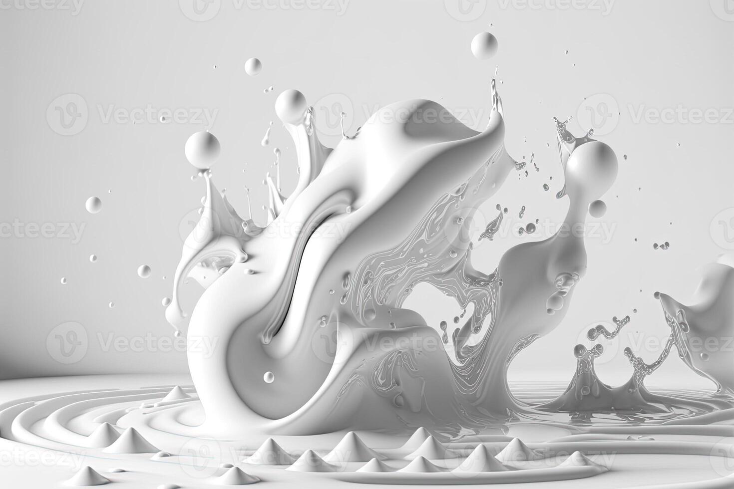 , Flowing liquid with splashes in white color. Glossy cream milk fluid banner, 3D effect, modern macro photorealistic abstract background illustration. photo