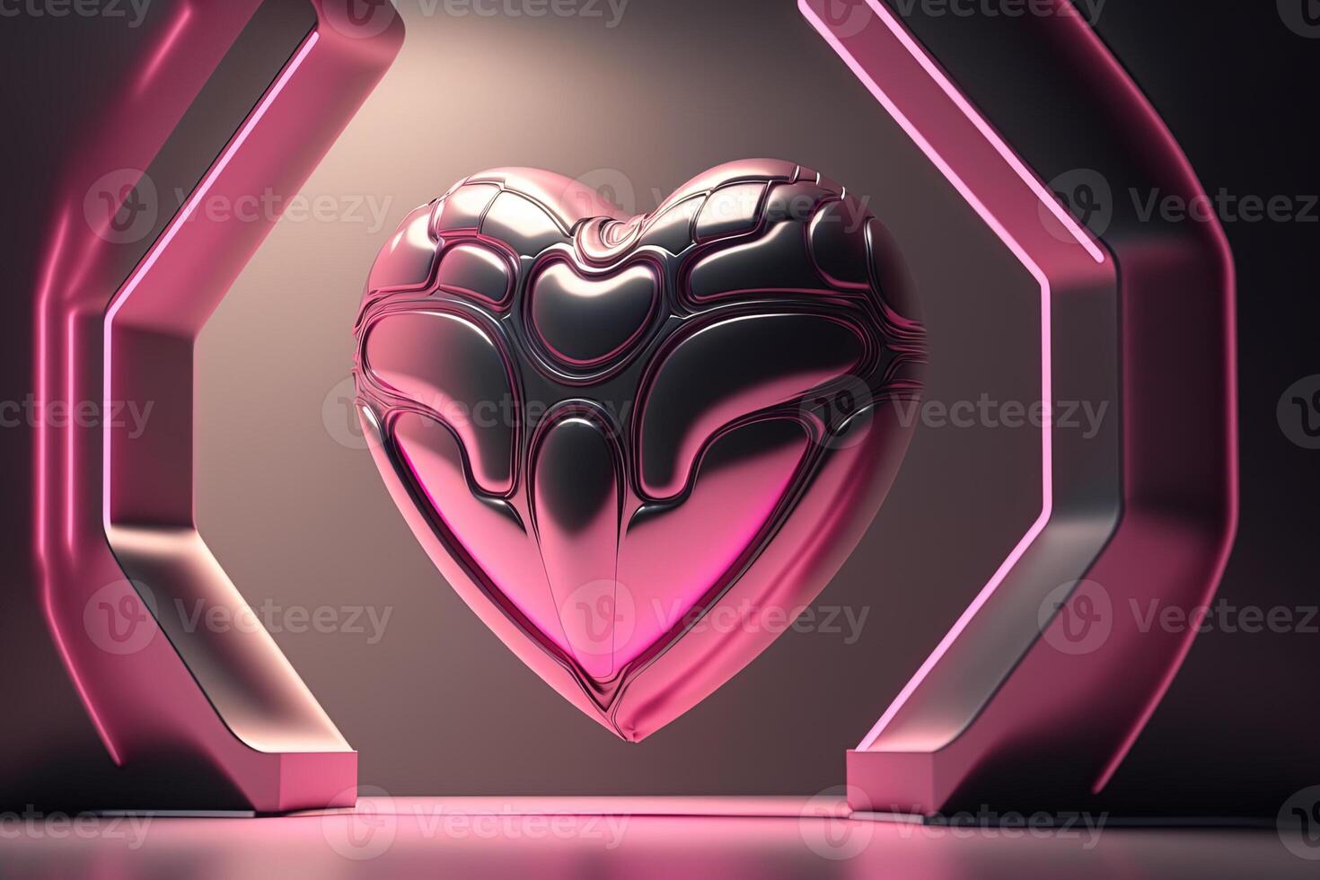 , Futuristic space ship room with pink heart in cyberpunk style illustration. Love, feelings, romantic St. Valentine's Day concept. Sci-fi, realistic 3d effect. photo