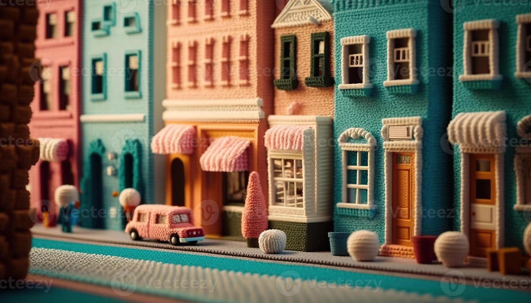 , cute street made of crochet, houses, trees, road, cars. Soft colors, dreamy scene cityscape made of crochet materials, wool, fabric, yarn, sewing for background photo