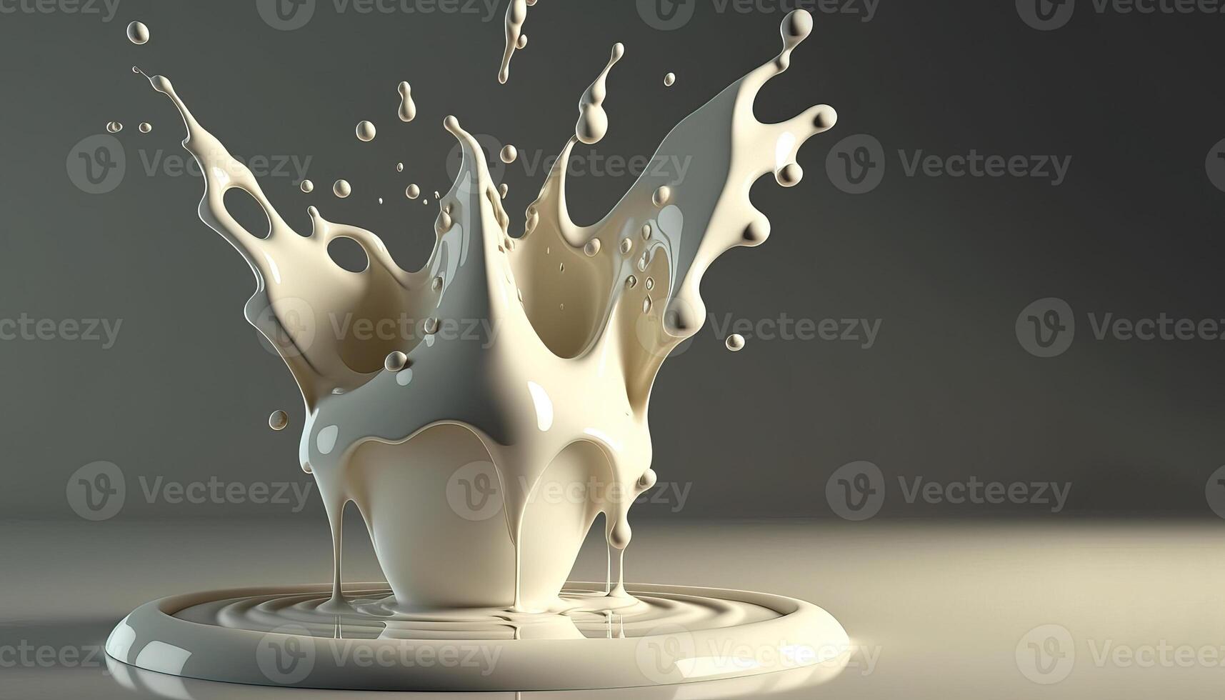 , Flowing liquid with splashes in white color. Glossy creamy milk fluid banner, 3D effect, modern macro photorealistic abstract background illustration. photo