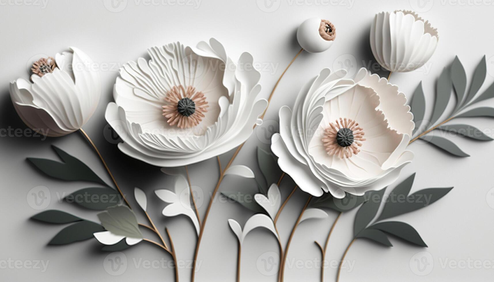 , Paper cut craft flowers and leaves, white color, floral origami textured background, spring mood. Photorealistic effect. photo