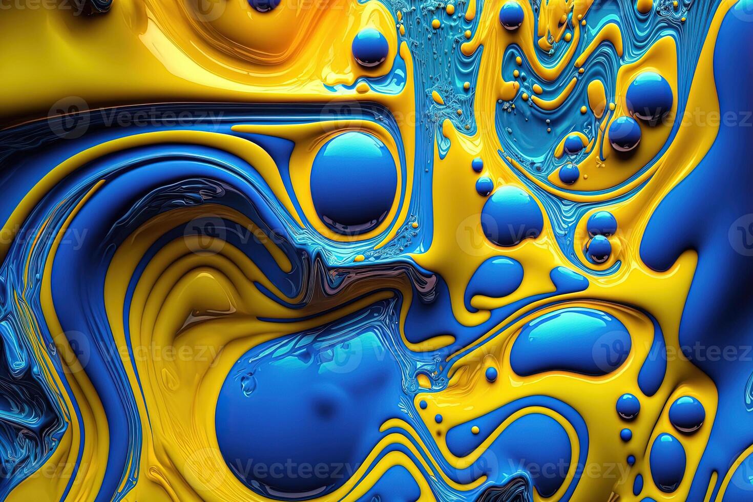 , Flowing liquid with splashes in blue and yellow color. Glossy Ukrainian flag fluid banner, 3D effect, modern macro photorealistic abstract background illustration. photo