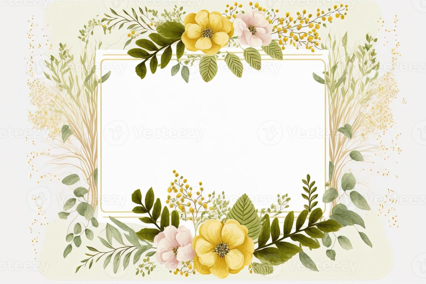, Watercolor frame with yellow spring flowers, hand drawn art style with place for text. Greeting, birthday and other holiday, wedding invitation concept photo