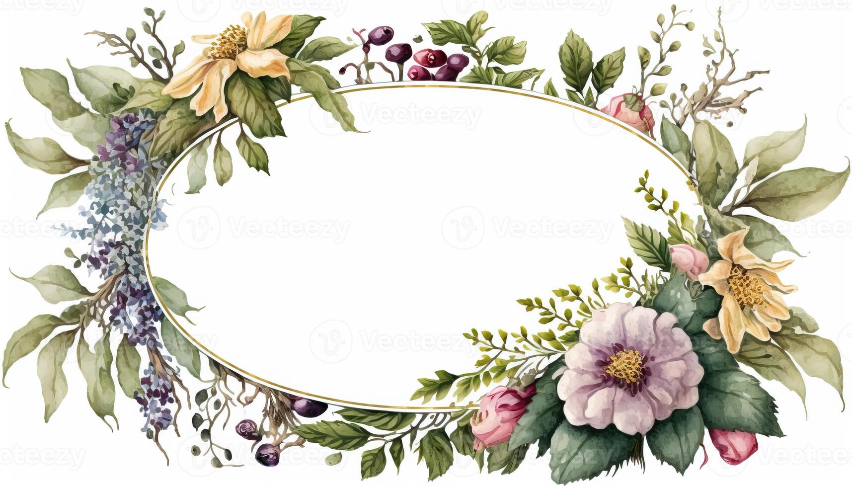 , Watercolor frame with spring flowers, hand drawn art style with place for text. Greeting, birthday and other holiday, wedding invitation concept photo