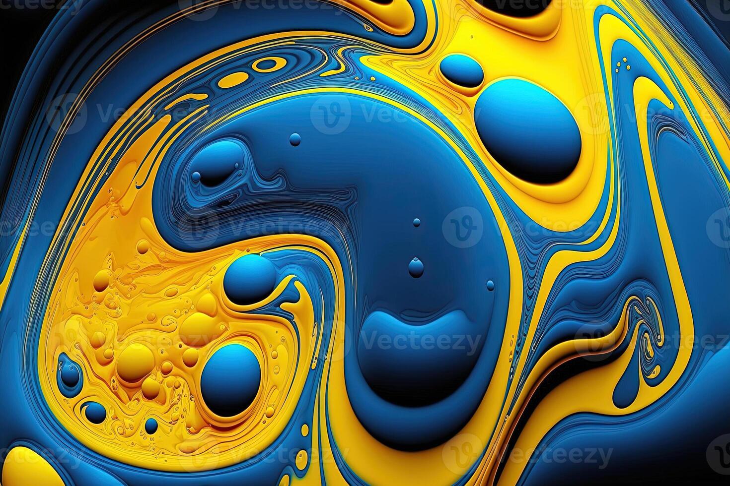 , Flowing liquid with splashes in blue and yellow color. Glossy Ukrainian flag fluid banner, 3D effect, modern macro photorealistic abstract background illustration. photo