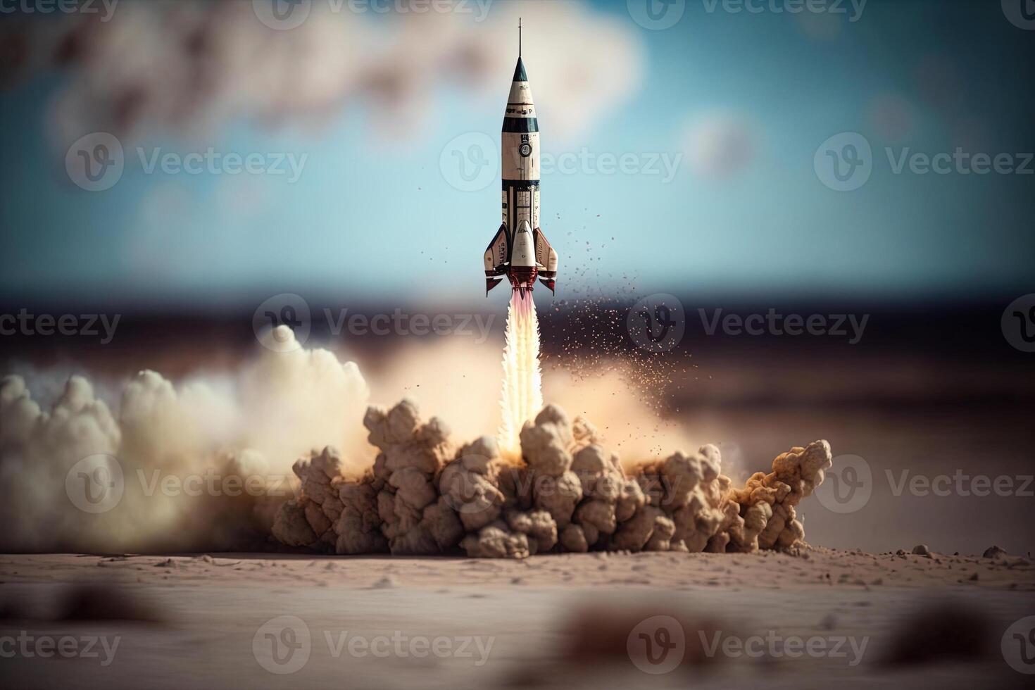 , Rocket launch from the ground, mountains. Illustration concept of business product on a market, startup, photorealistic tilt shift horizontal banner. photo