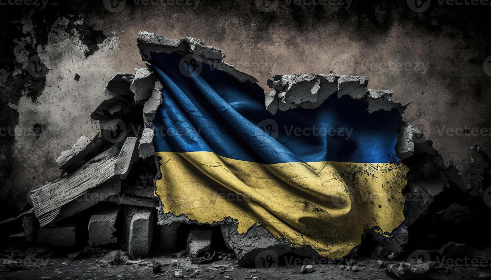 , Ruined Ukraine banner, Ukrainian flag on broken concrete, cracked, shattered, rubble ground. No war concept photo