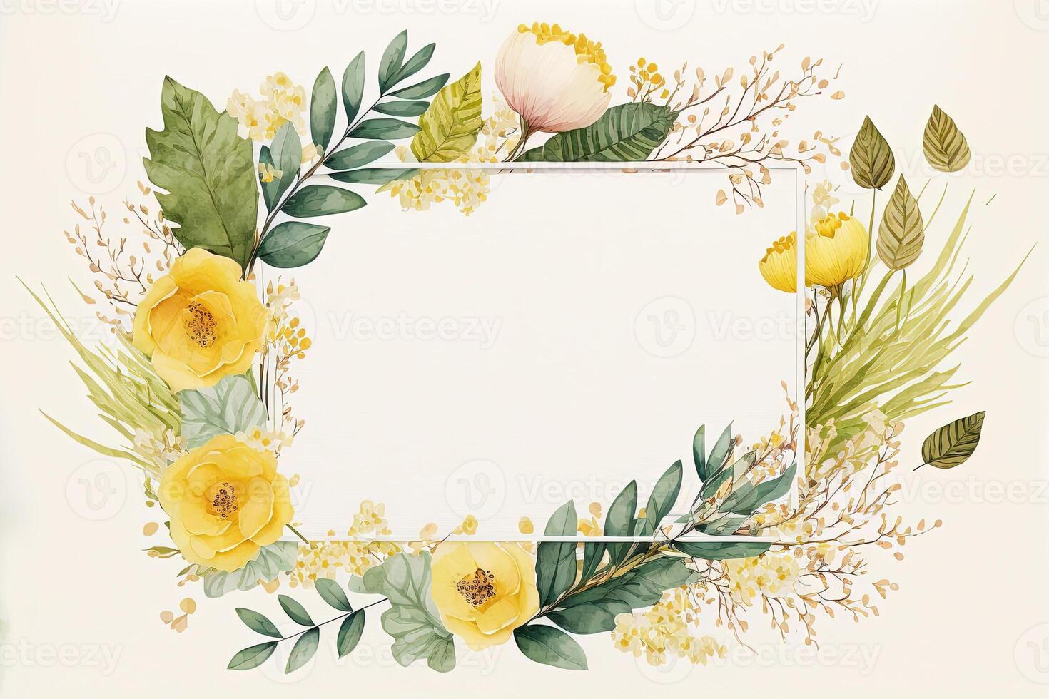 , Watercolor frame with yellow spring flowers, hand drawn art style with place for text. Greeting, birthday and other holiday, wedding invitation concept photo