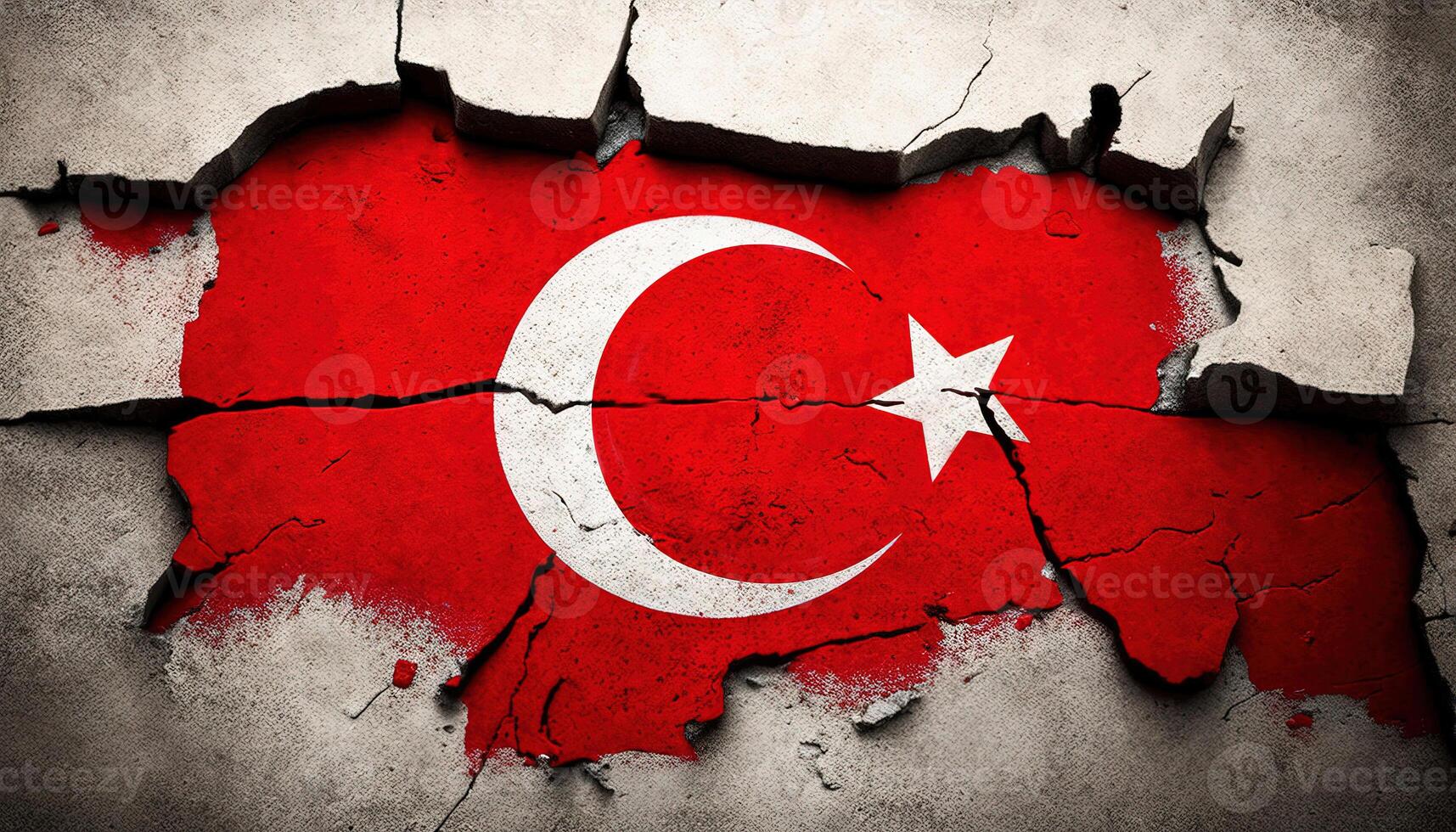 , earthquake in Turkey banner, Turkish flag on broken concrete, cracked ground. Catastrophic concept, calamity that struck this country photo