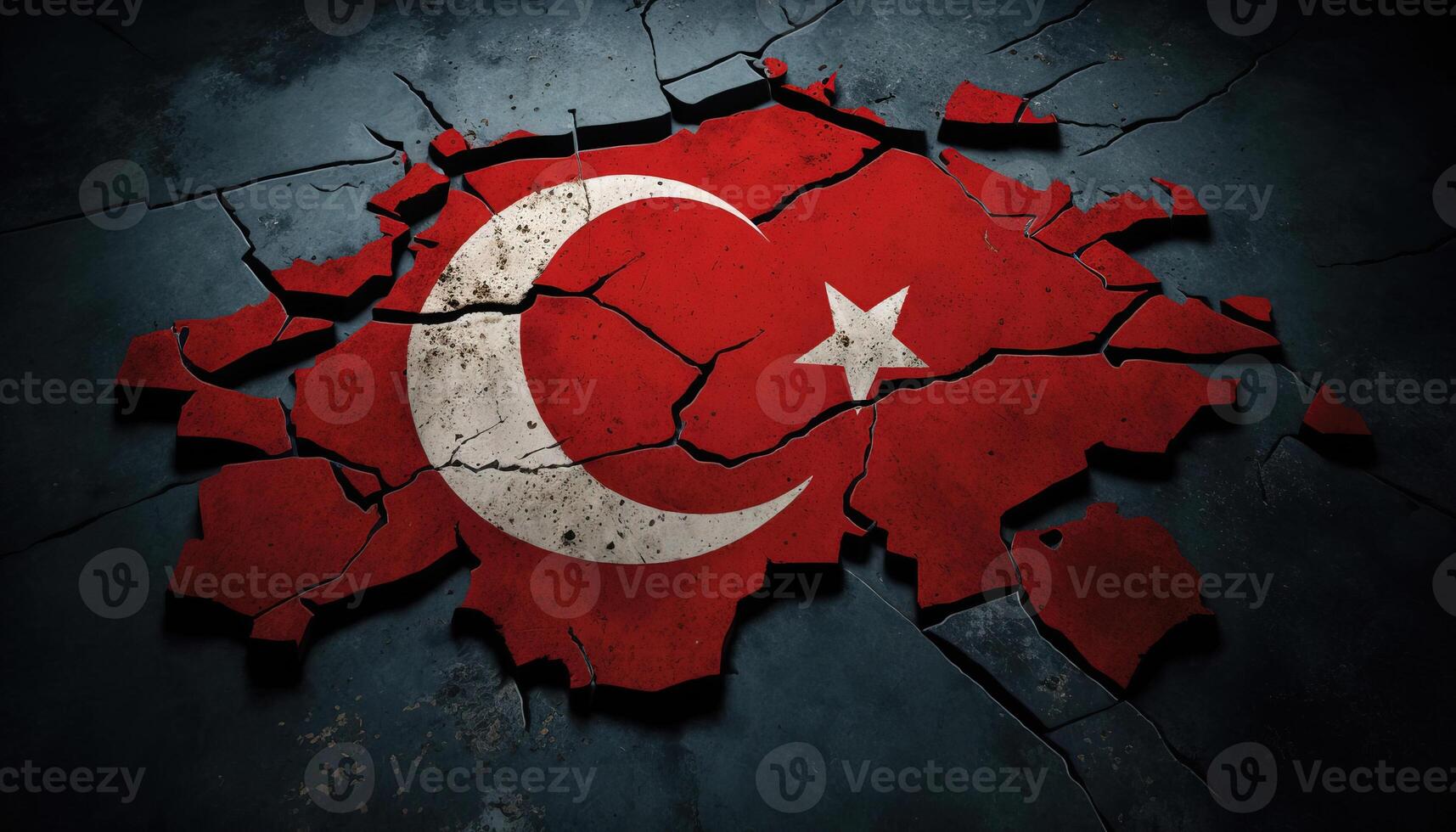 , earthquake in Turkey banner, Turkish flag on broken concrete, cracked ground. Catastrophic concept, calamity that struck this country photo