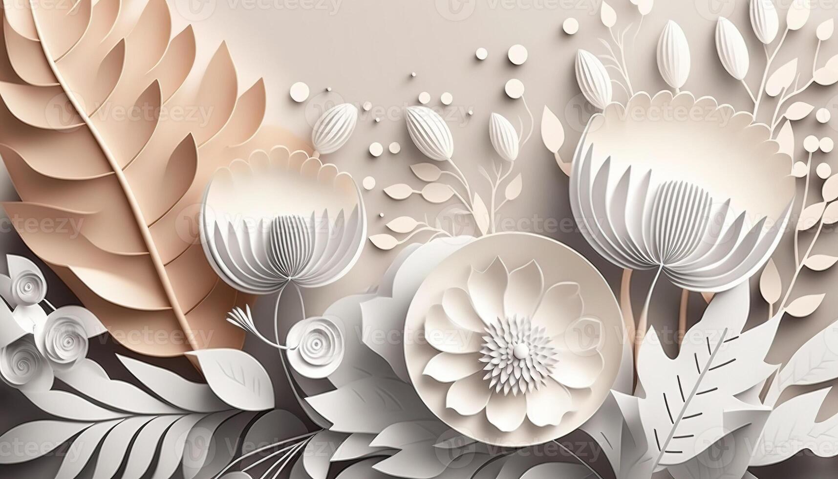 , Paper cut craft flowers and leaves, white color, floral origami textured background, spring mood. Photorealistic effect. photo