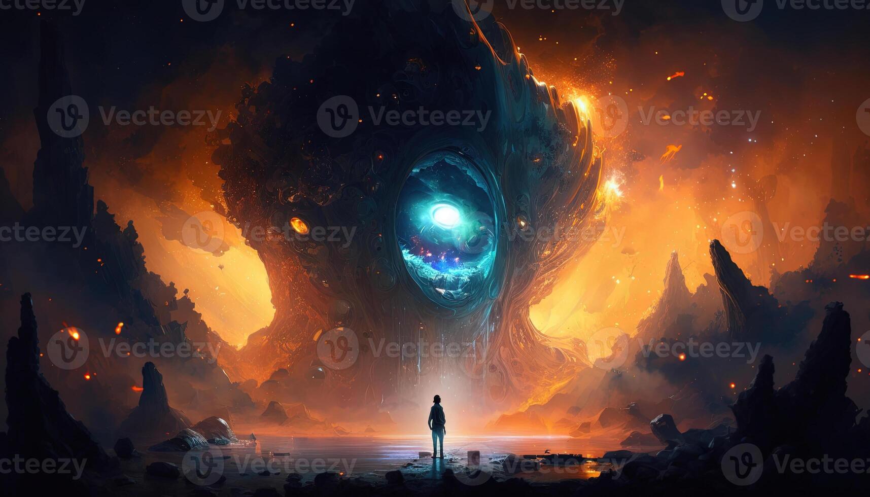 , Glowing huge Space Nebula eye, creature emerging from a vast liquid wet swamp illustration, banner template, cosmic horizontal background. Universe, galaxy concept. photo