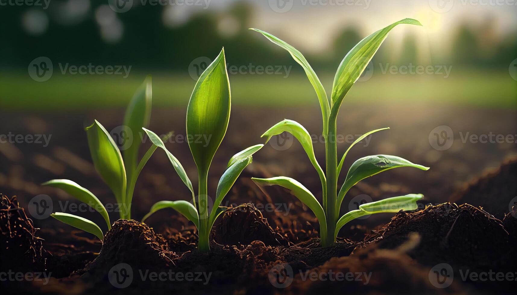 , Young plant Growing In sunlight from the ground, macro photorealistic illustration, agricultural vegetable. Nature organic healthy farm food concept, horizontal banner. photo