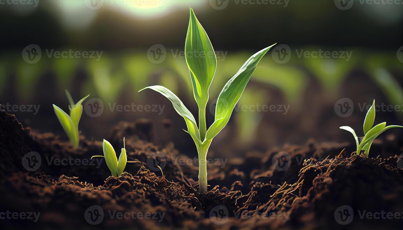 , Young plant Growing In sunlight from the ground, macro photorealistic illustration, agricultural vegetable. Nature organic healthy farm food concept, horizontal banner. photo