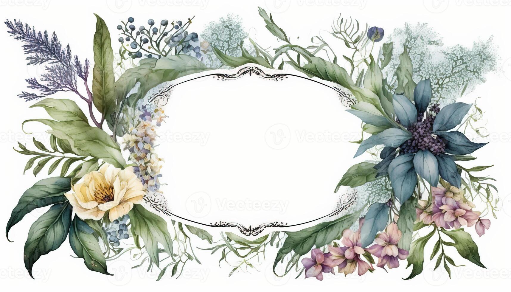 , Watercolor frame with spring flowers, hand drawn art style with place for text. Greeting, birthday and other holiday, wedding invitation concept photo