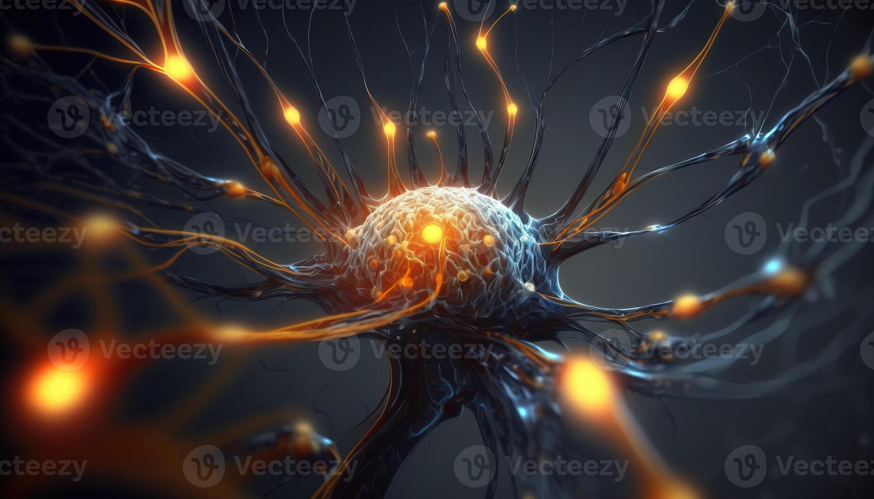 , Conceptual illustration of neuron cells with glowing link knots in abstract dark space, high resolution. Human nervous system, neural network photo