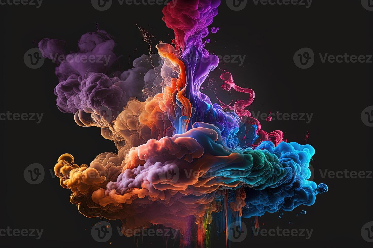 , Flowing colorful rainbow liquid and smoke with splashes. Bright fluid banner, 3D effect, modern macro realistic abstract background illustration, ink in water effect. photo