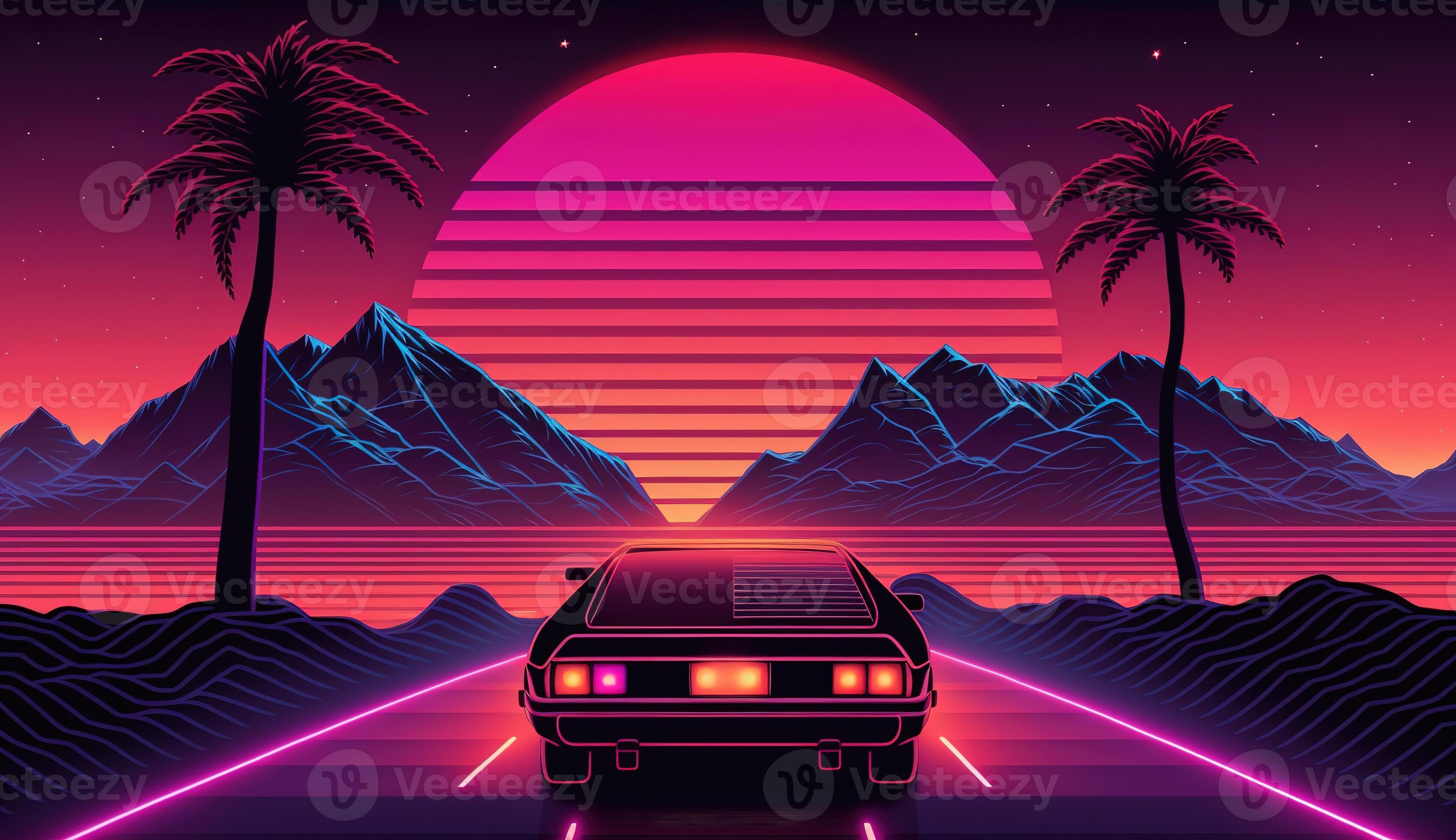 Generative AI, Retro style, nostalgic 80s, 90s. Night landscape, sunset  colors, scifi, retrowave vintage illustration. Sun, mountains, road and  trees. Digital Retro Cyber Surface. 21735366 Stock Photo at Vecteezy