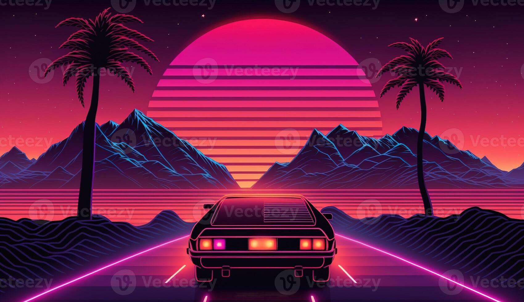 generativo ai, retro estilo, nostálgico años 80, años 90 noche paisaje, puesta de sol colores, ciencia ficción, retrowave Clásico ilustración. sol, montañas, la carretera y arboles digital retro ciber superficie. foto