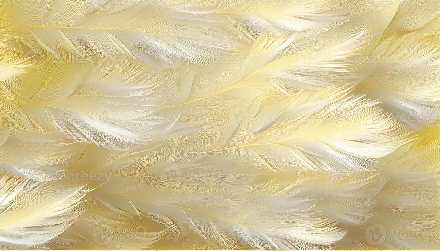 , Beautiful light yellow closeup feathers, photorealistic background. Small fluffy yellow feathers randomly scattered forming photo