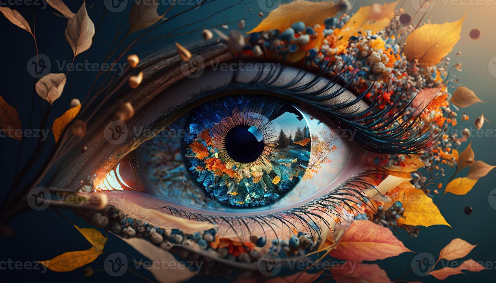 , Macro human open eye of nature with leaves, fantasy photorealistic horizontal illustration. Ecology, save nature and environment concept photo
