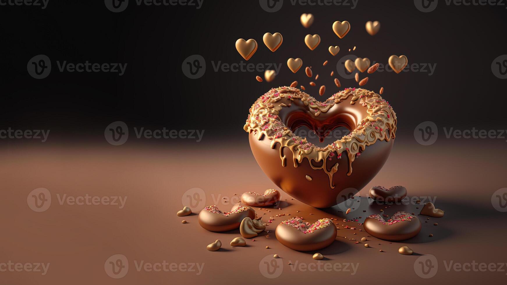 , Chocolate donut in heart shape with little hearts pastries on the table. Sweet food advertising banner. 3D effect, St. Valentine's romantic bakery concept, modern illustration photo