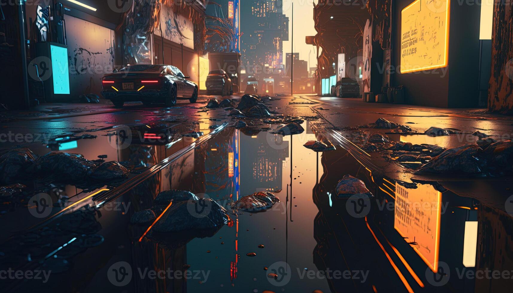 , Night scene of after rain city in cyberpunk style, futuristic nostalgic 80s, 90s. Neon lights vibrant colors, photorealistic horizontal illustration. photo
