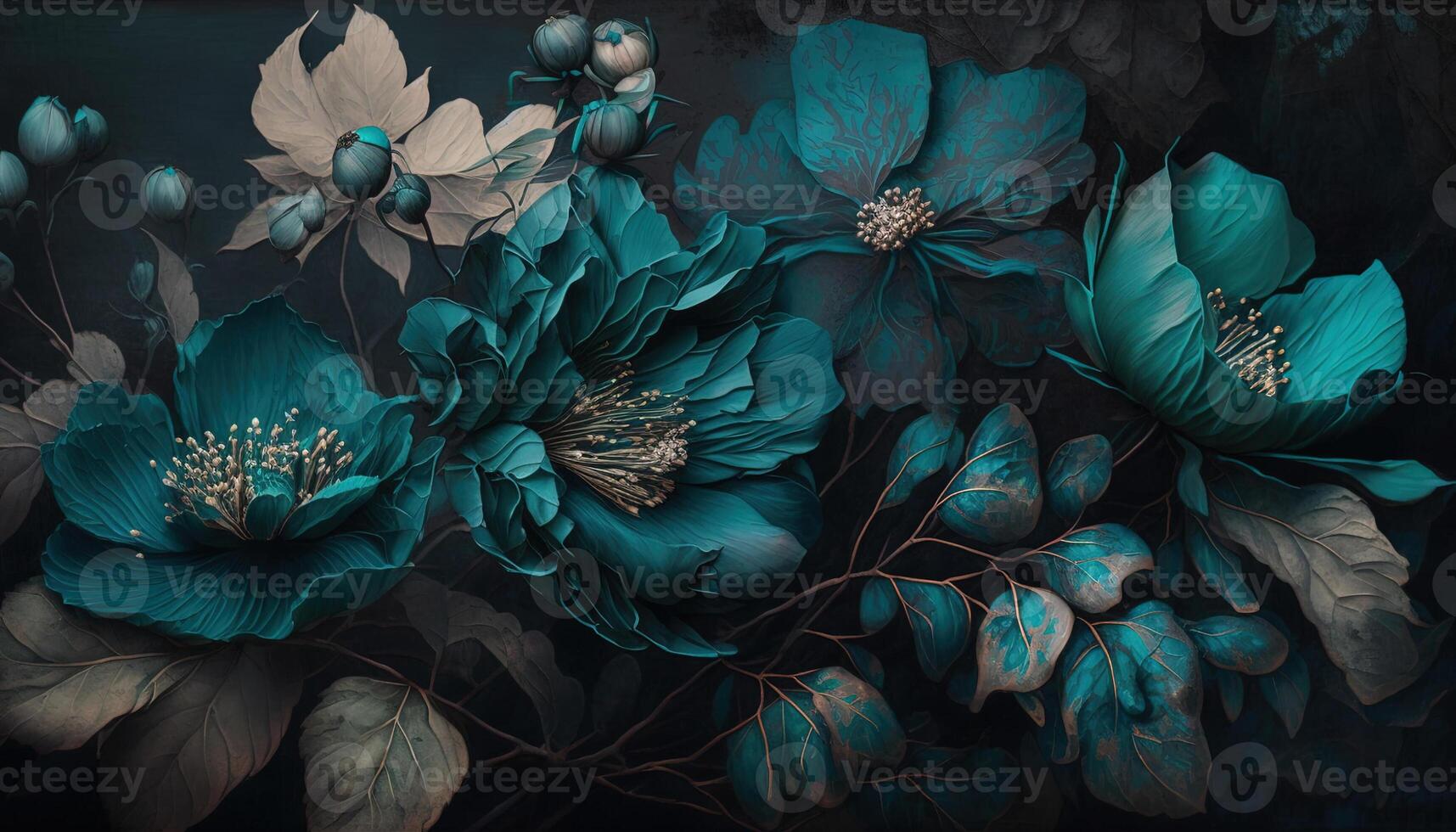 , Close up of blooming flowerbeds of amazing teal flowers on dark moody floral textured background. Photorealistic effect. photo