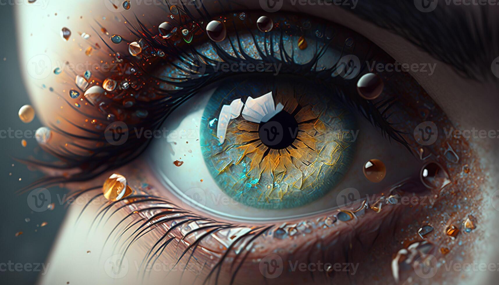 , Macro human open eye with makeup, fantasy photorealistic horizontal illustration. Futuristic fantasy digital art concept. photo