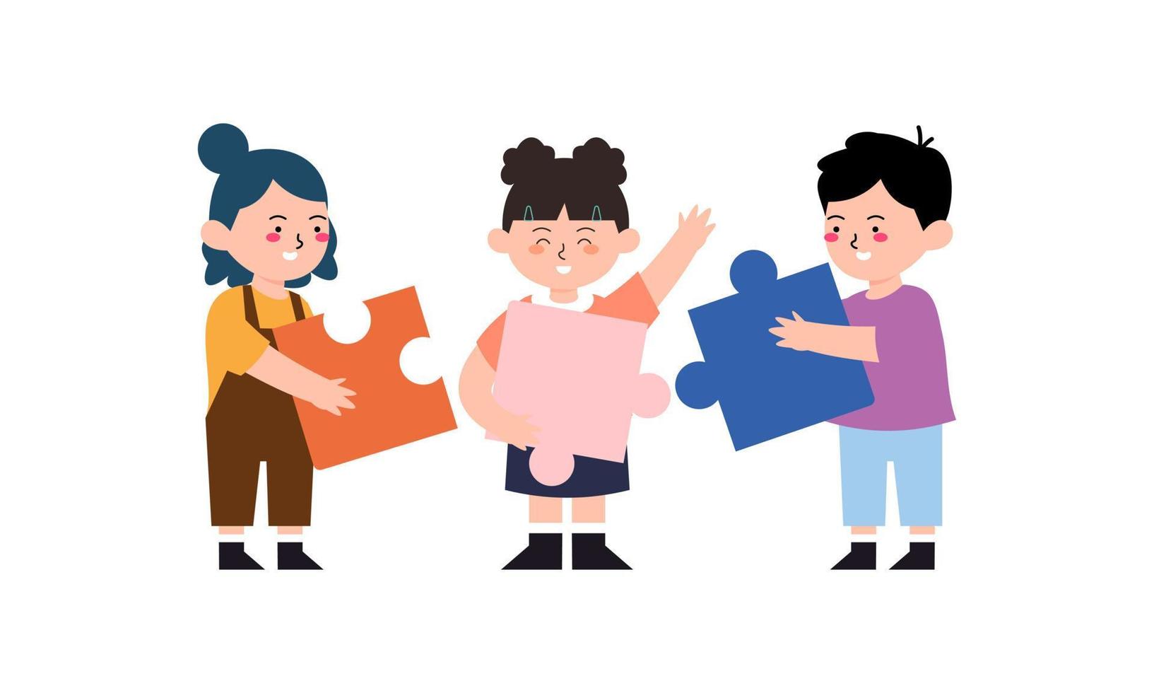 Happy cute little kid boy and girl play together for make a big puzzle illustration vector