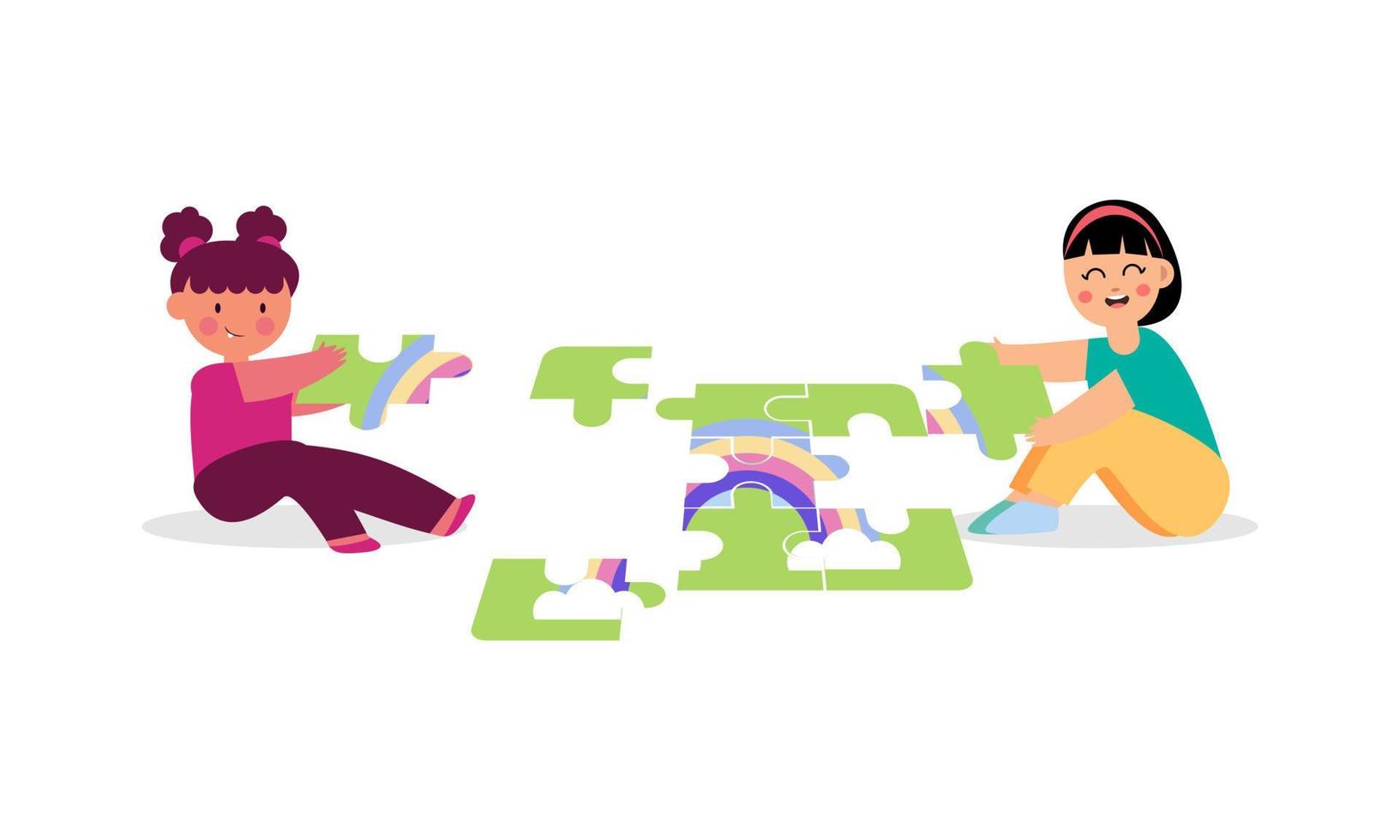 Happy cute little kids play jigsaw puzzle illustration 21735767 Vector