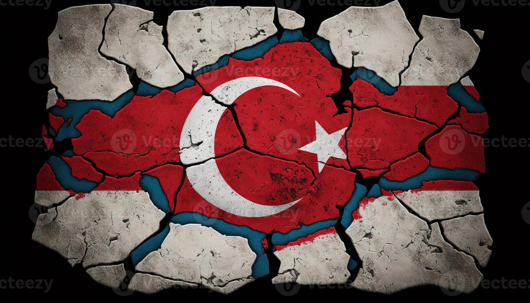 , earthquake in Turkey banner, Turkish flag on broken concrete, cracked ground. Catastrophic concept, calamity that struck this country photo