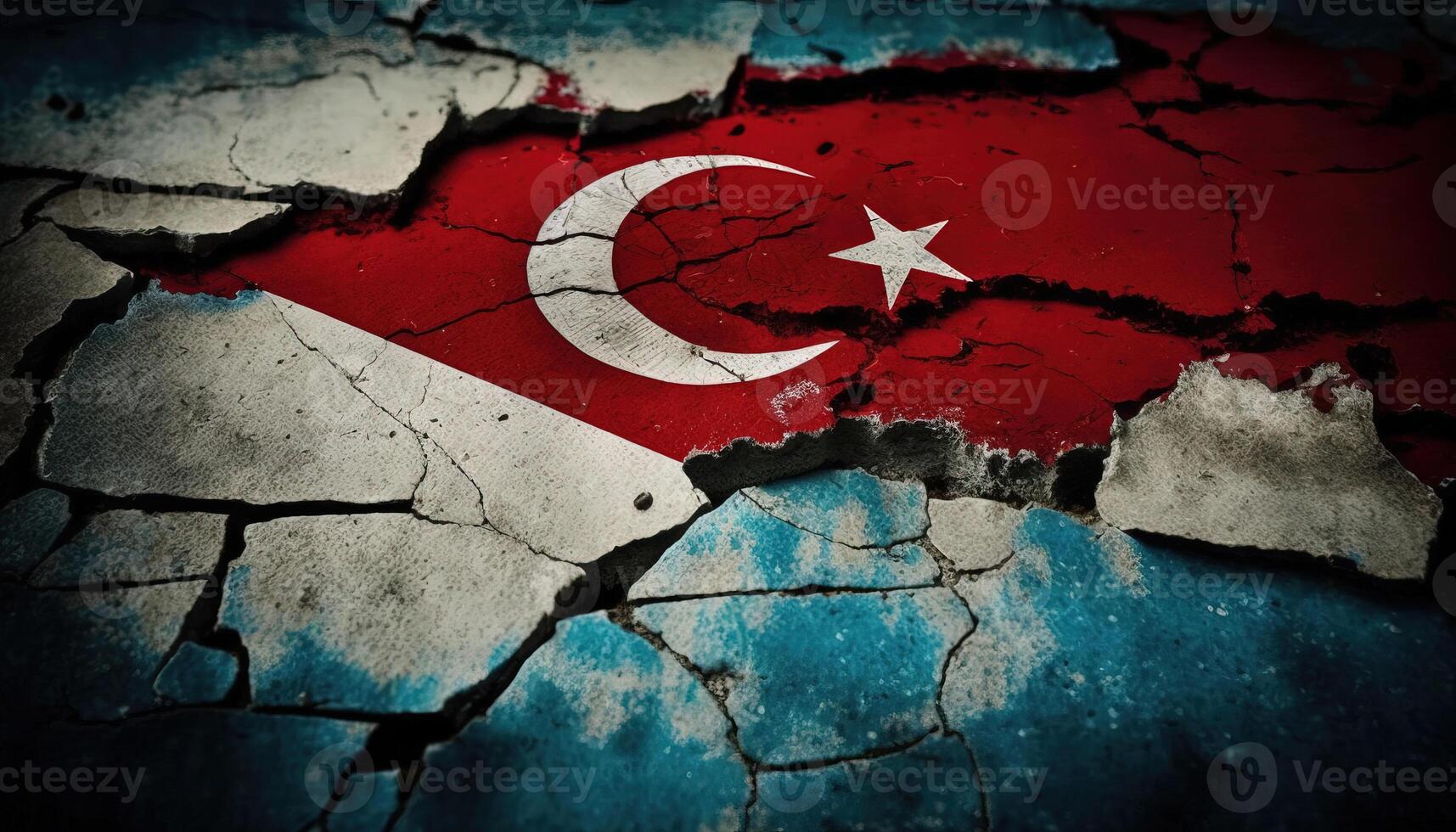 , earthquake in Turkey banner, Turkish flag on broken concrete, cracked ground. Catastrophic concept, calamity that struck this country photo