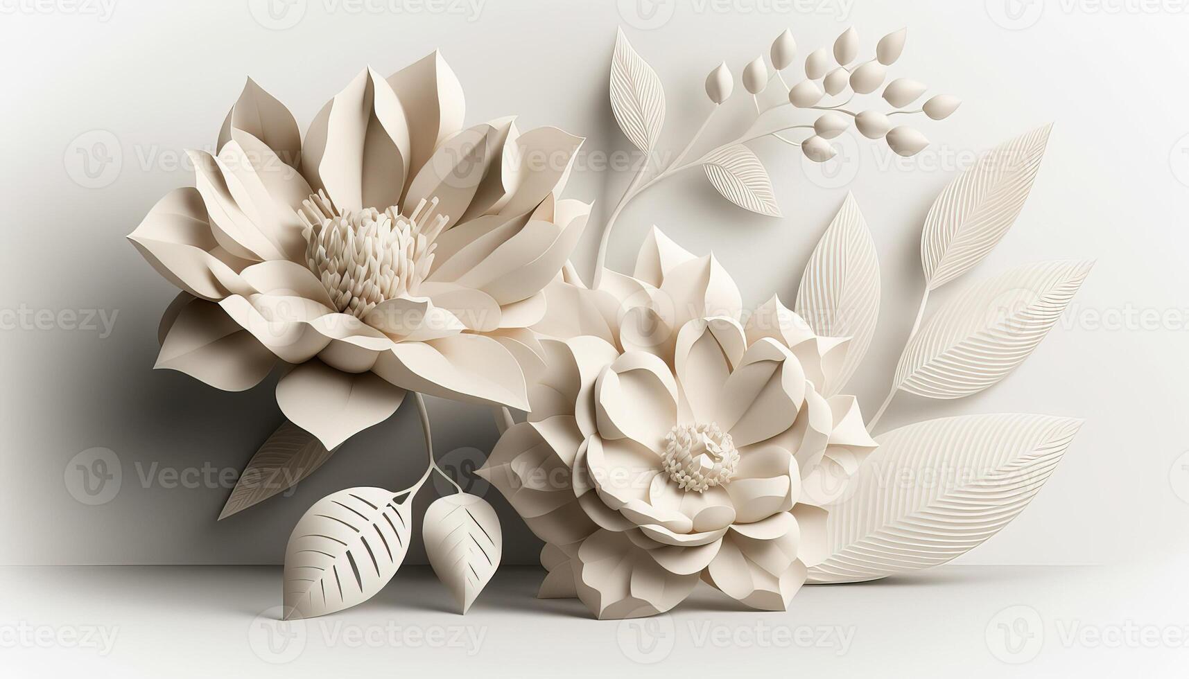 , Paper cut craft flowers and leaves, white color, floral origami textured background, spring mood. Photorealistic effect. photo