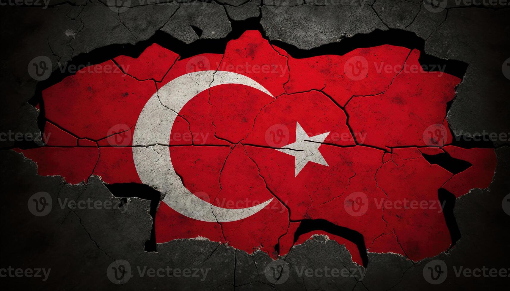 , earthquake in Turkey banner, Turkish flag on broken concrete, cracked ground. Catastrophic concept, calamity that struck this country photo