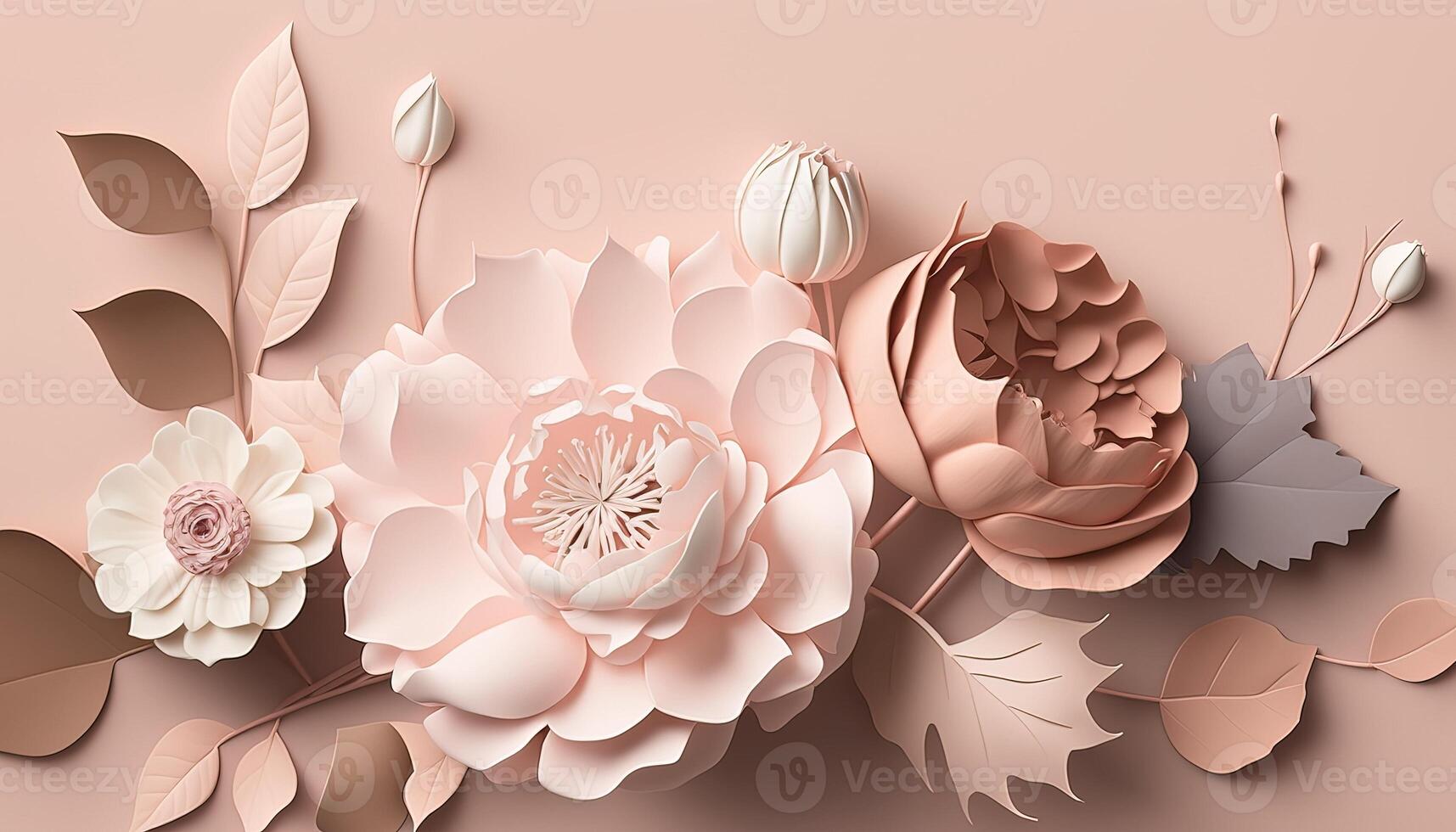 , Paper cut craft flowers and leaves, pastel beige and apricot colors, floral origami textured background, spring mood. Photorealistic effect. photo