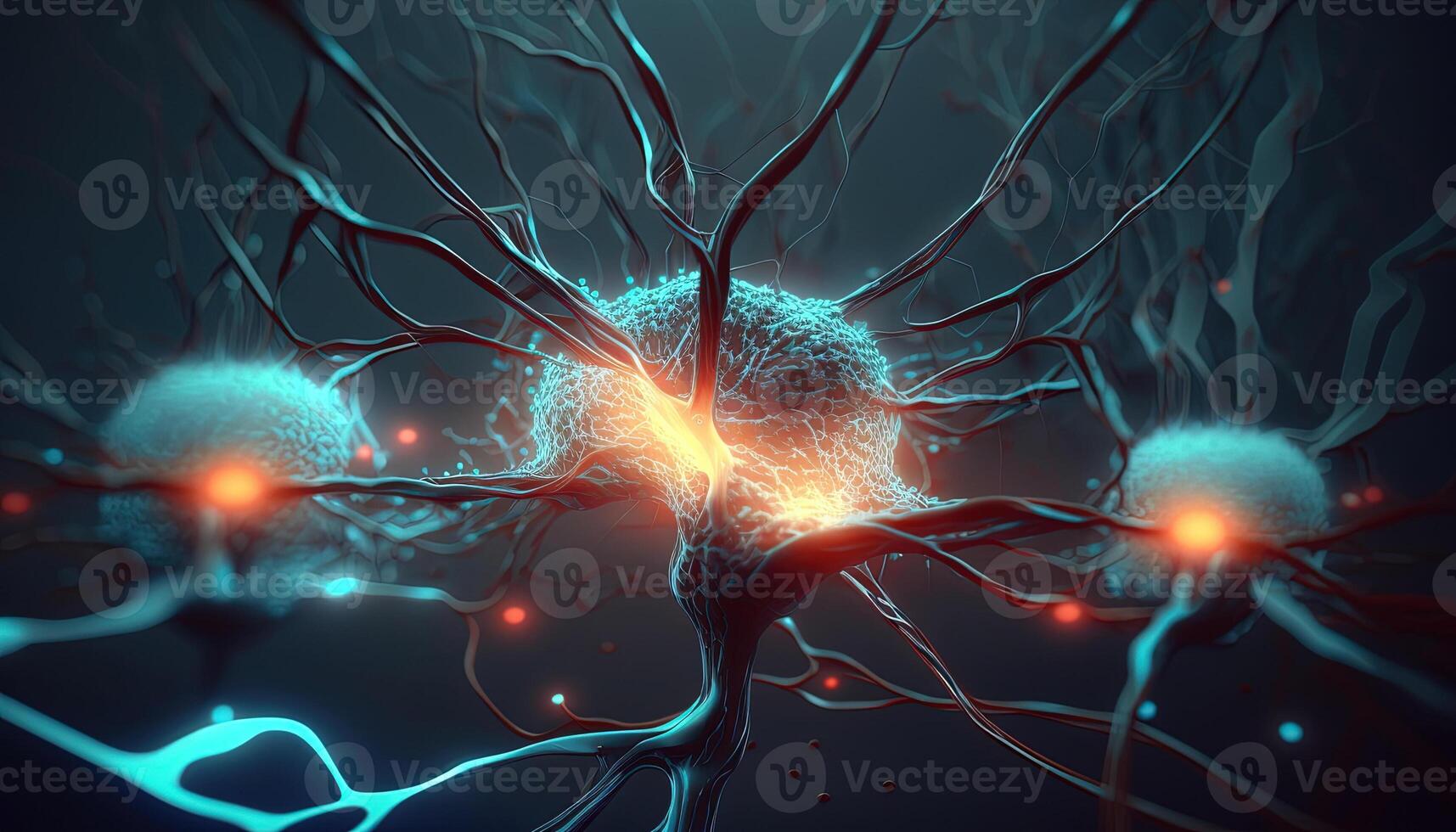 , Conceptual illustration of neuron cells with glowing link knots in abstract dark space, high resolution. Human nervous system photo