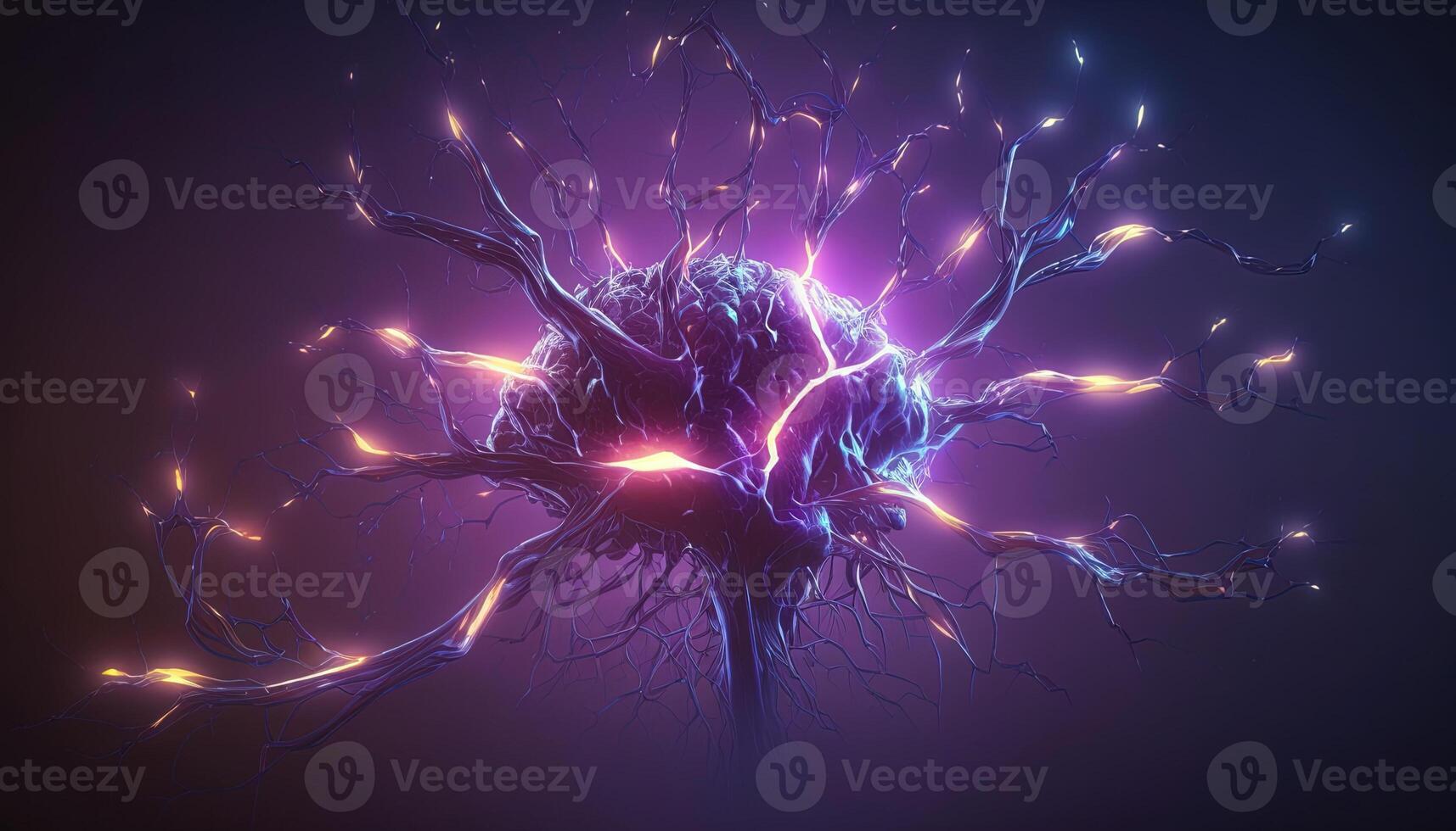 , Conceptual illustration of neuron cells with glowing link knots in abstract dark space, high resolution. Human nervous system photo