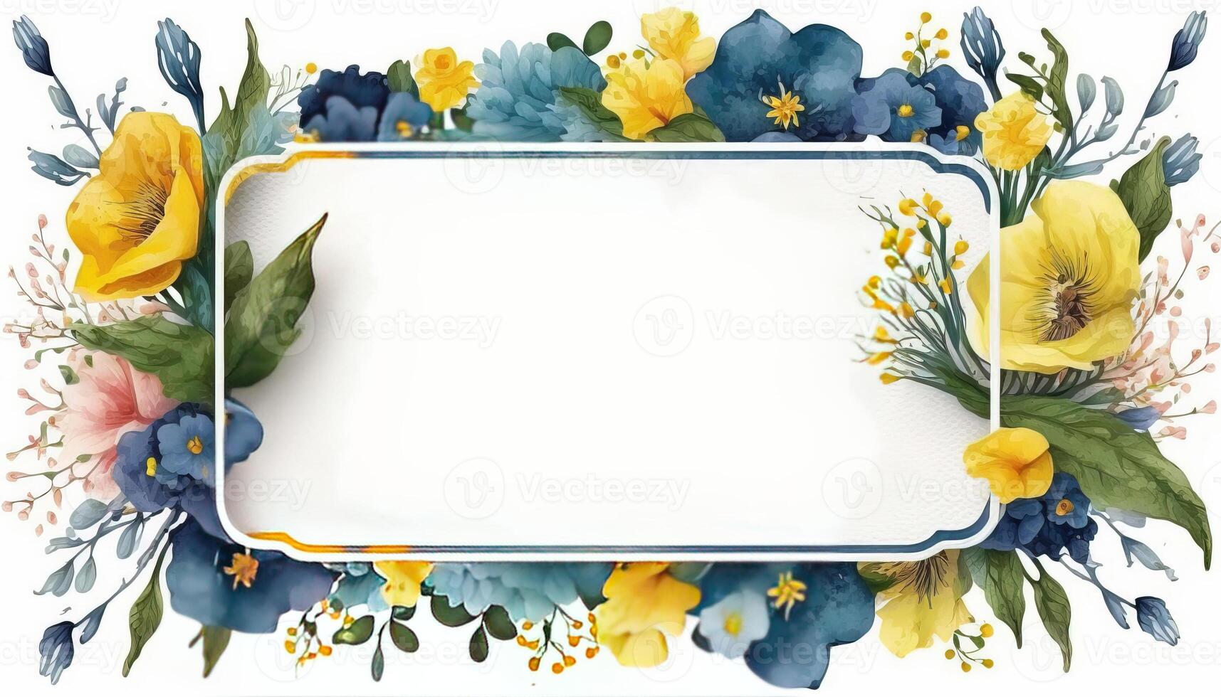 , Watercolor frame with spring blue and yellow flowers, hand drawn art style with place for text. Greeting, birthday and other holiday, wedding invitation concept photo