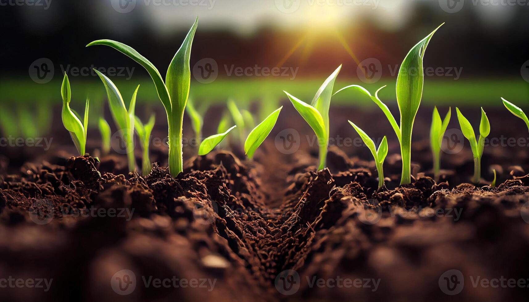 , Young plant Growing In sunlight from the ground, macro photorealistic illustration, agricultural vegetable. Nature organic healthy farm food concept, horizontal banner. photo