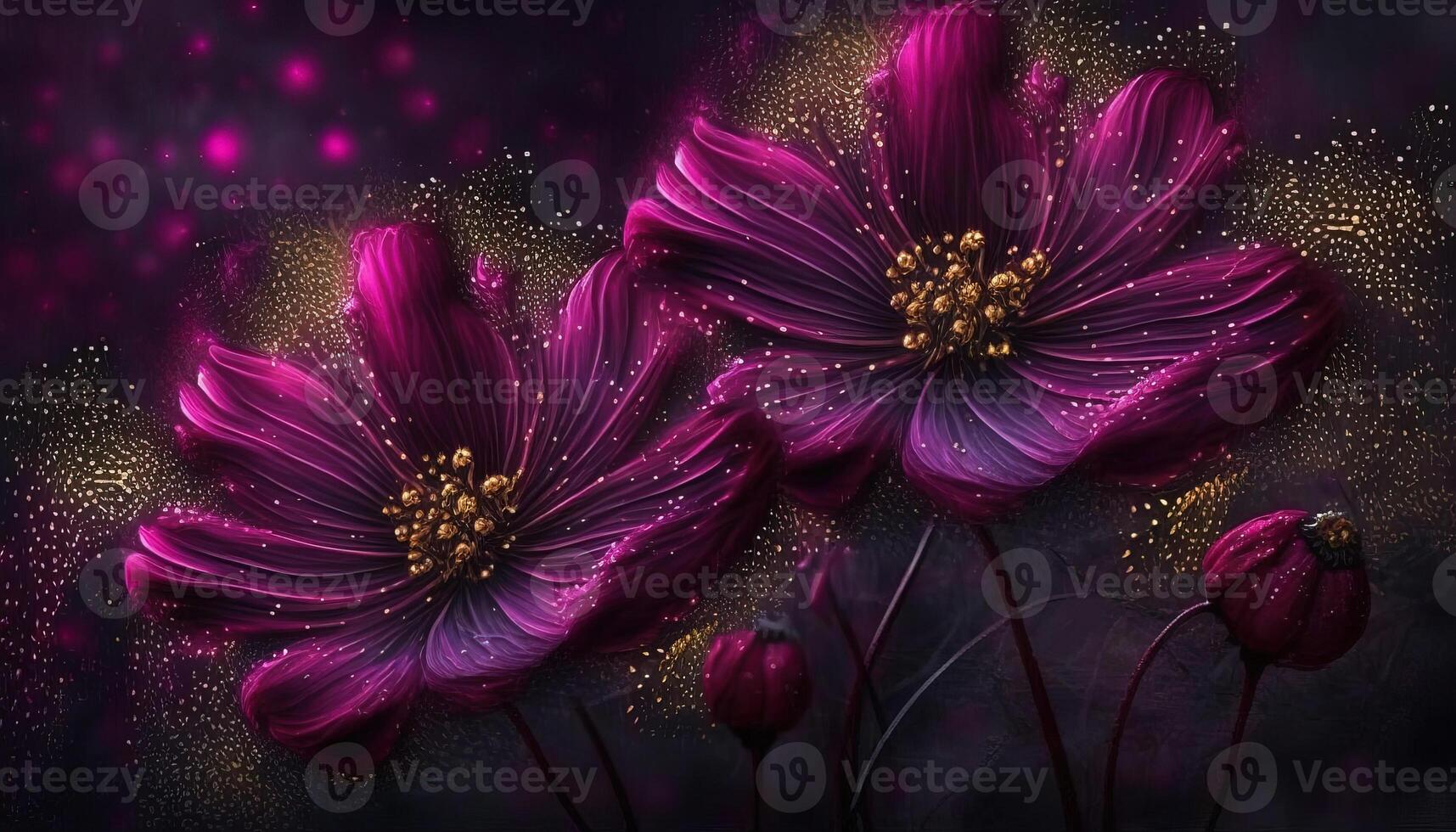 , Close up of blooming flowerbeds of amazing viva magenta flowers on dark moody floral textured background with golden particles. Photorealistic paint effect. photo