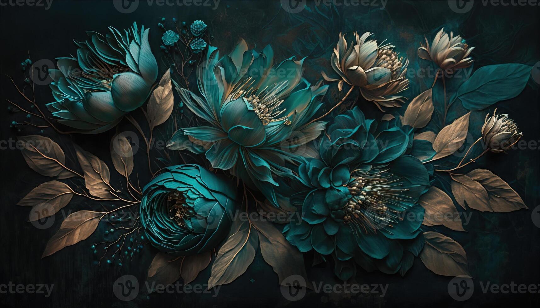 , Close up of blooming flowerbeds of amazing teal flowers on dark moody floral textured background. Photorealistic effect. photo
