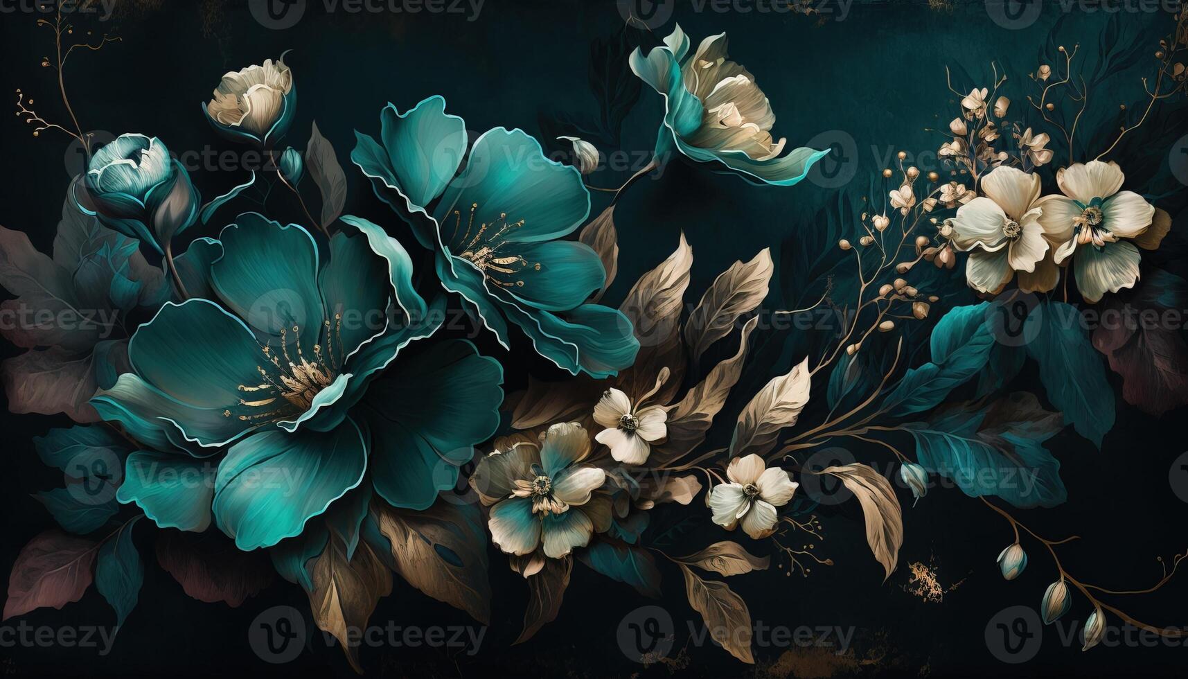 , Close up of blooming flowerbeds of amazing teal flowers on dark moody floral textured background. Photorealistic effect. photo