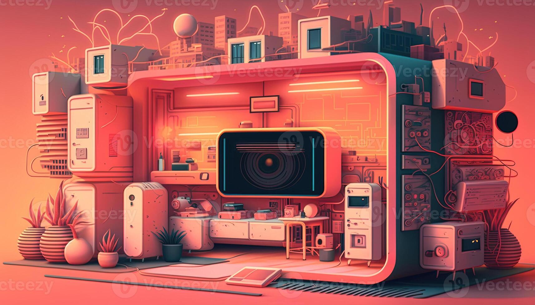 , Internet of things IOT devices and connectivity on a network, cloud at center, horizontal illustration. Technology concept, smart home. photo
