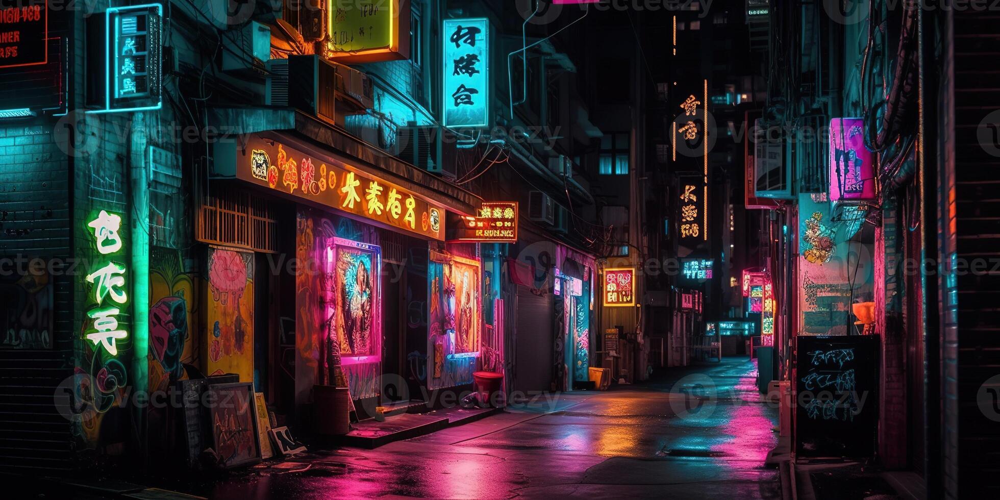 , Night scene of after rain city in cyberpunk style, futuristic nostalgic 80s, 90s. Neon lights vibrant colors, photorealistic horizontal illustration. photo