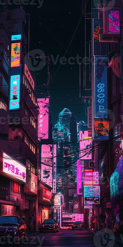 , Night scene of after rain city in cyberpunk style, futuristic nostalgic 80s, 90s. Neon lights vibrant colors, photorealistic vertical illustration. photo