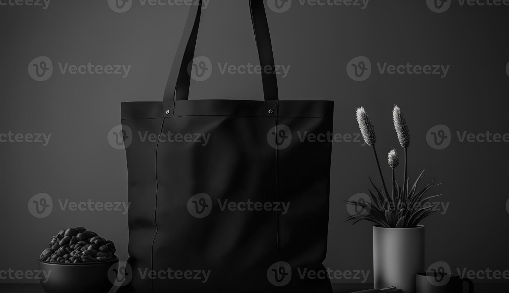 , Realistic black tote canvas fabric bag set-up in at home interior, mug mock up blank. photo