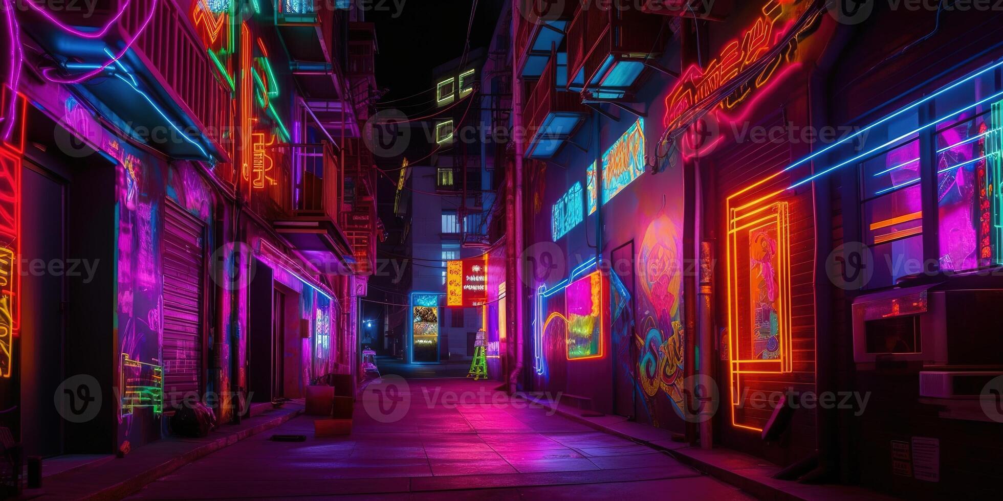 , Night scene of after rain city in cyberpunk style, futuristic nostalgic 80s, 90s. Neon lights vibrant colors, photorealistic horizontal illustration. photo